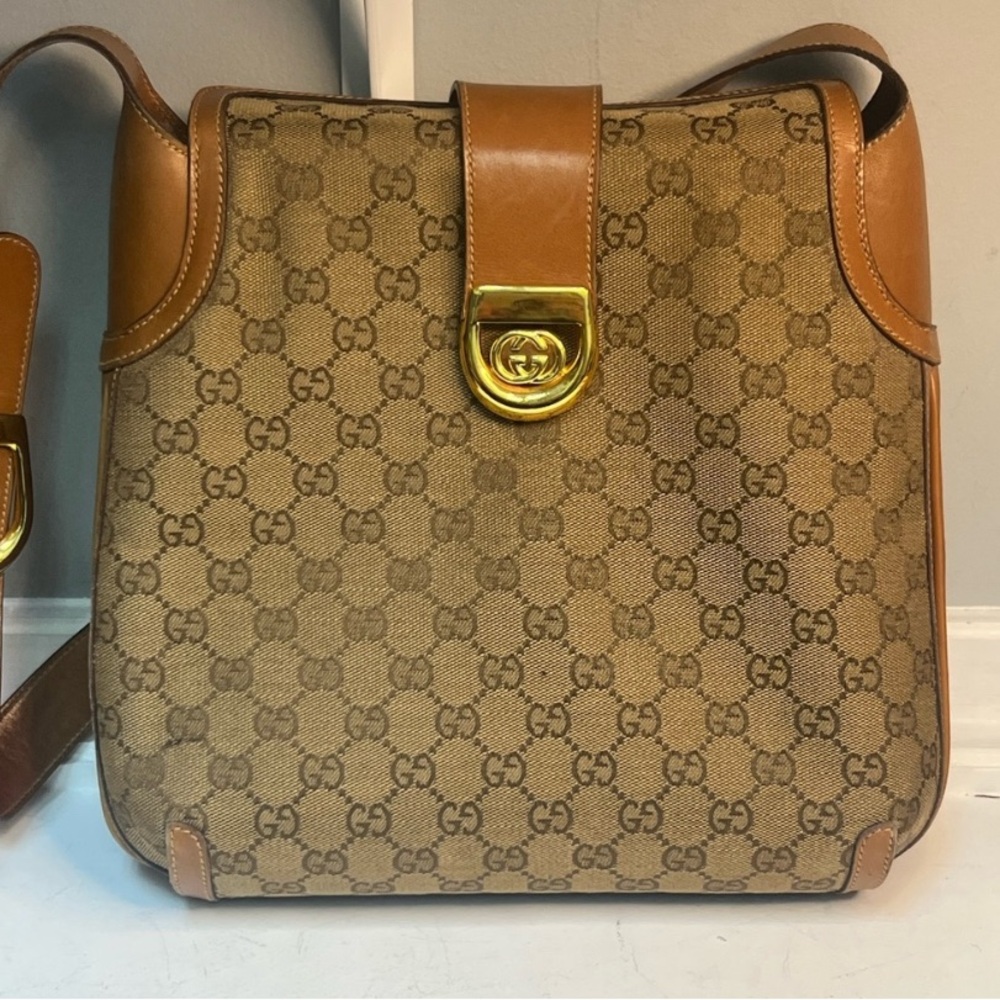 RARE Vintage Gucci GG Supreme Leather Shoulder Striped Bag/GG Tan Canvas